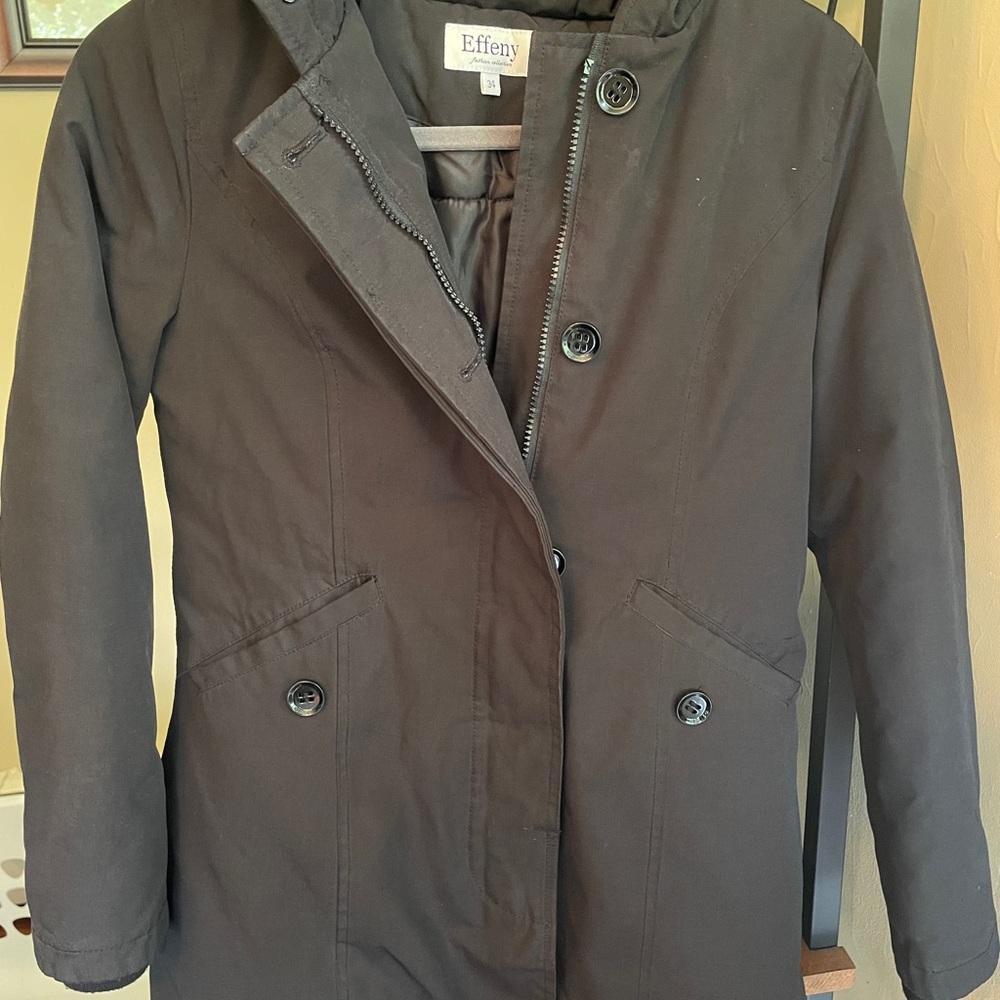 Lined Black Coat with Hood, mid-length